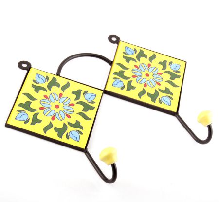 Yellow And Forest Green Ceramic Floral Tiles Hooks
